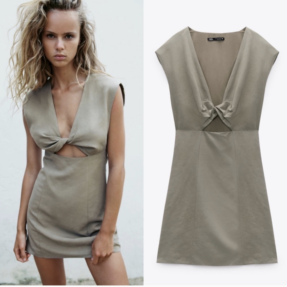 ZARA Linen Blend Front Twist Mini Dress